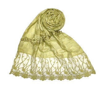 Net hijab with flower design and moti work - Light green